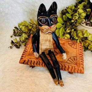 Primitive/Folk Black Cat Figurine-Wood Jointed